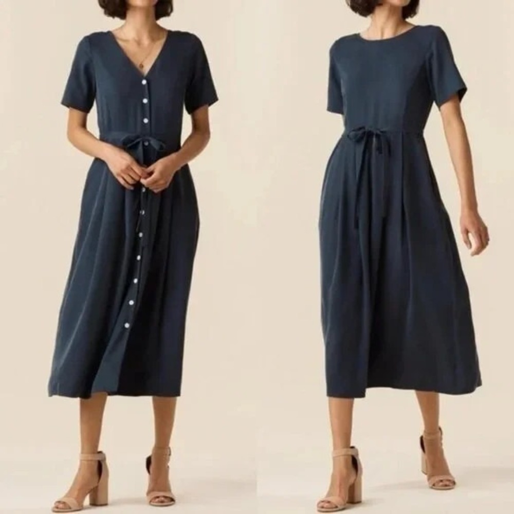 NWT Vetta Button Up Midi Dress Sz XS French Navy Reversible Tie Waist $149